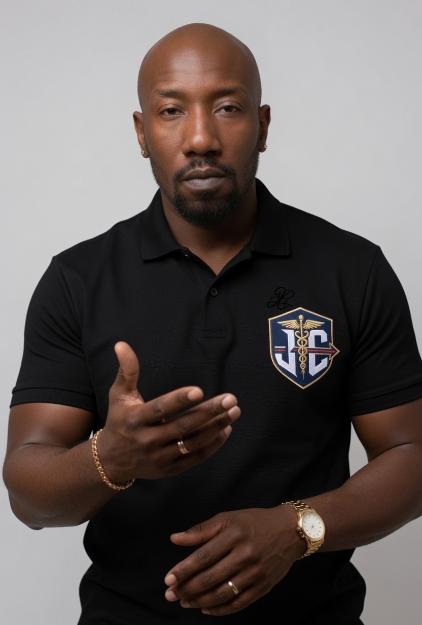 Owner of Ja-Cari Logistics Couriers in a branded black polo, gesturing toward the personal guarantee.